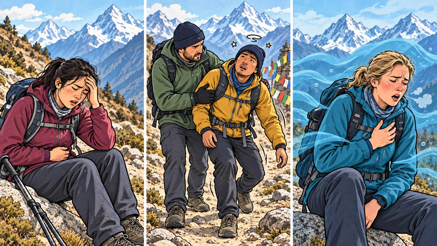 Three panels illustrating altitude illness: a hiker with headache and nausea for AMS, a confused hiker walking unsteadily for HACE, and a breathless hiker at rest for HAPE