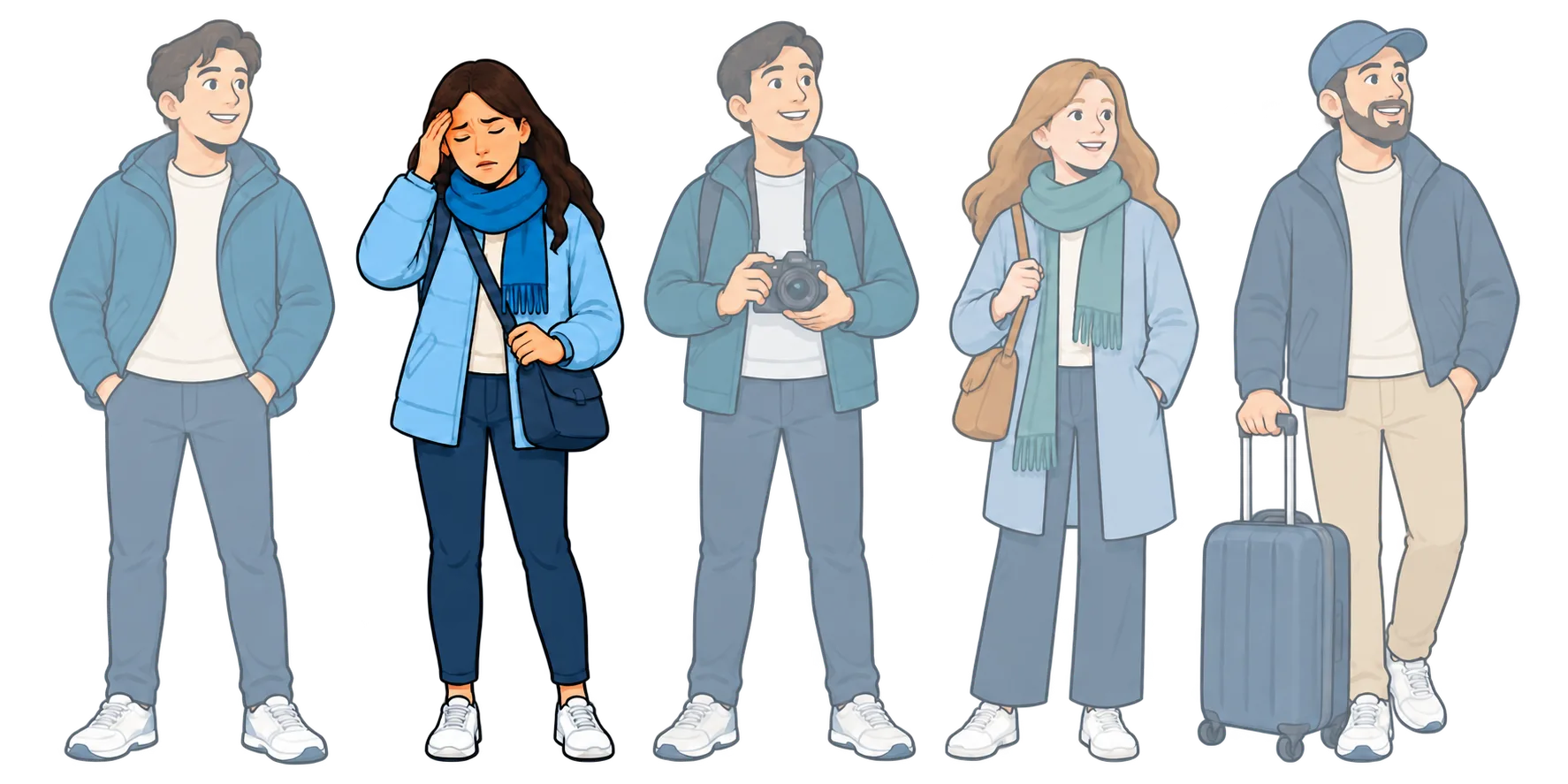 Five travelers in casual clothes; one fully colored traveler holds her forehead with a headache while the other four are faded and appear well, illustrating about one in five with AMS in this study