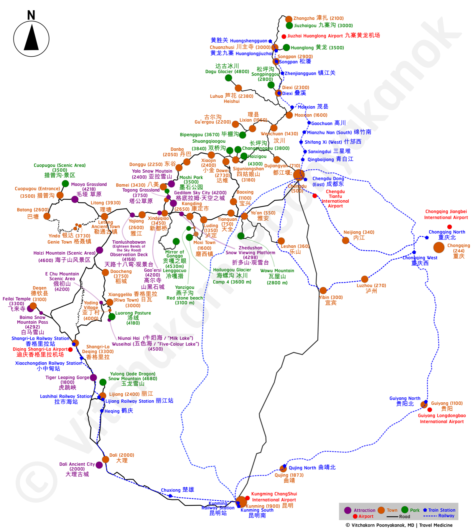Chengdu-Lijiang-Yala-Kunming-Genie-Yading-Leshan altitude and transit reference map with bilingual place labels and elevation figures