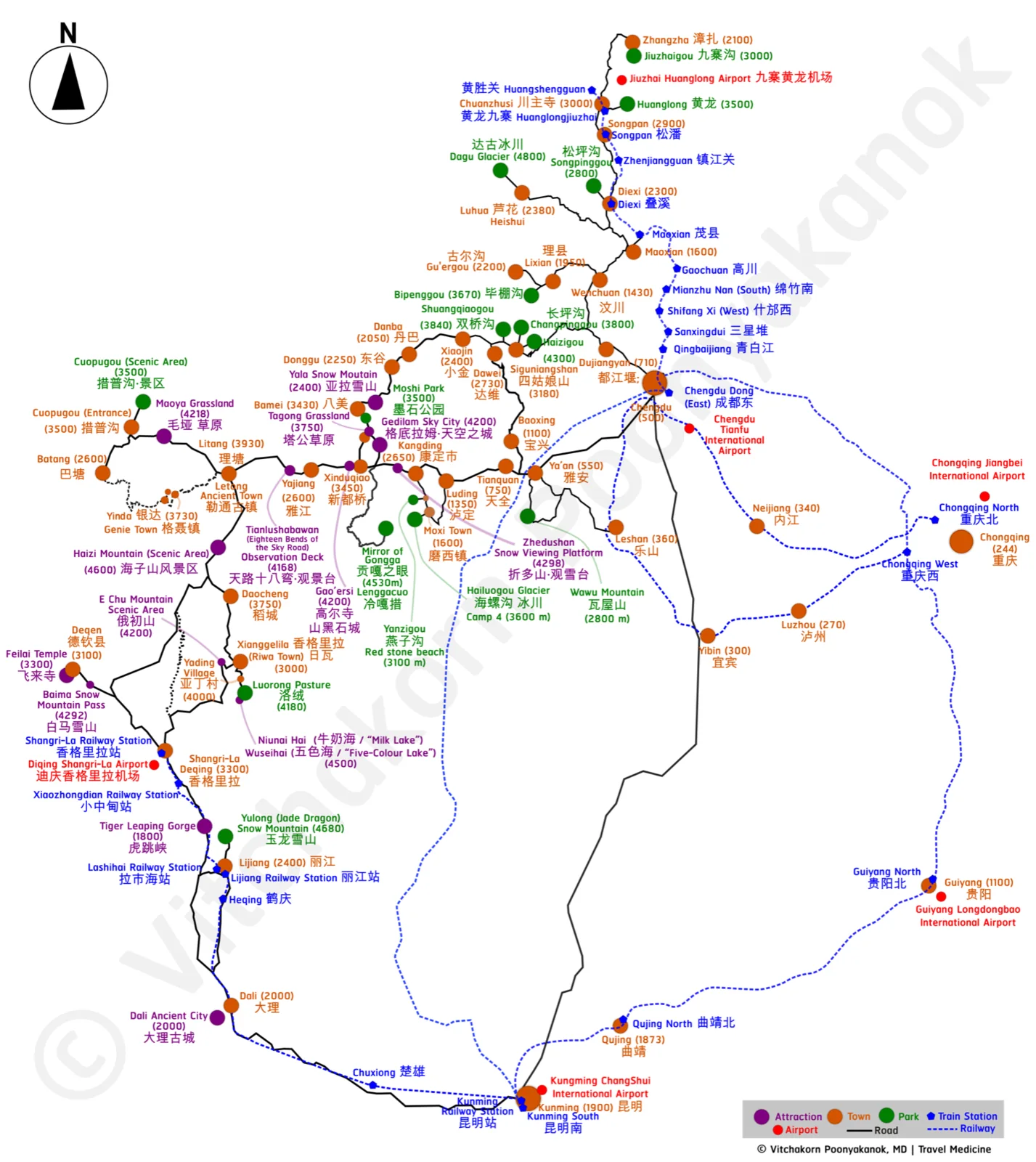 Chengdu-Lijiang-Yala-Kunming-Genie-Yading-Leshan altitude and transit reference map with bilingual place labels and elevation figures